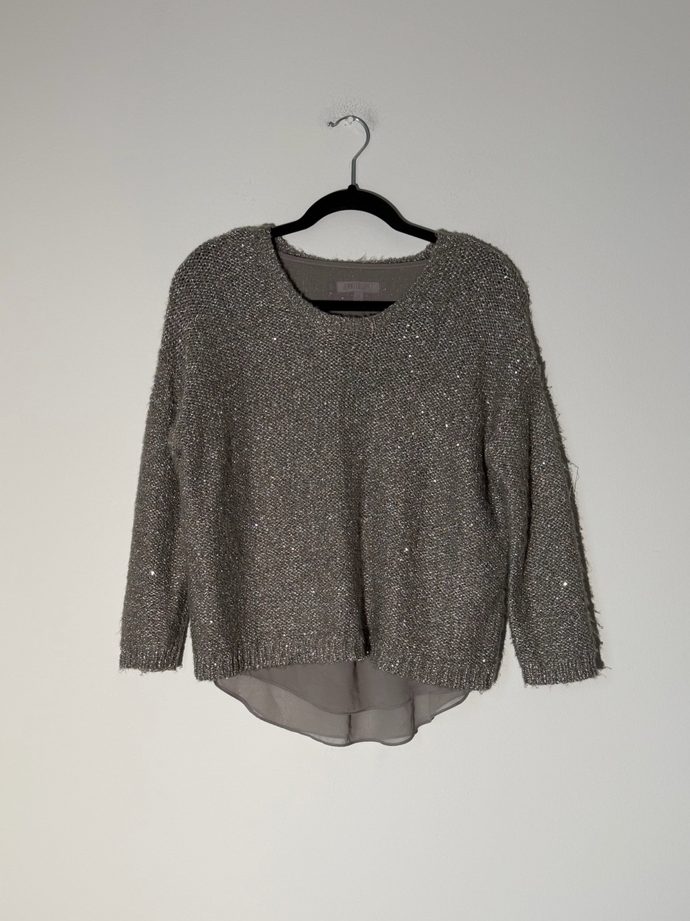 Jennifer Lopez Sparkle Knit Sweater with Chiffon Hem - Silver Gray Size XS